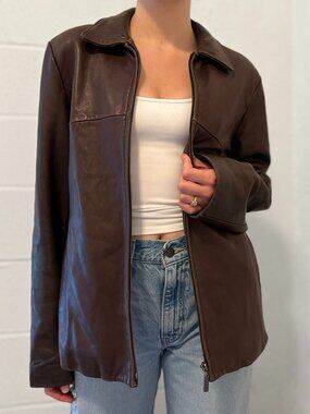 Vintage 90s Y2K Brown Genuine Lambskin Leather Minimal Zip Up Fitted Moto